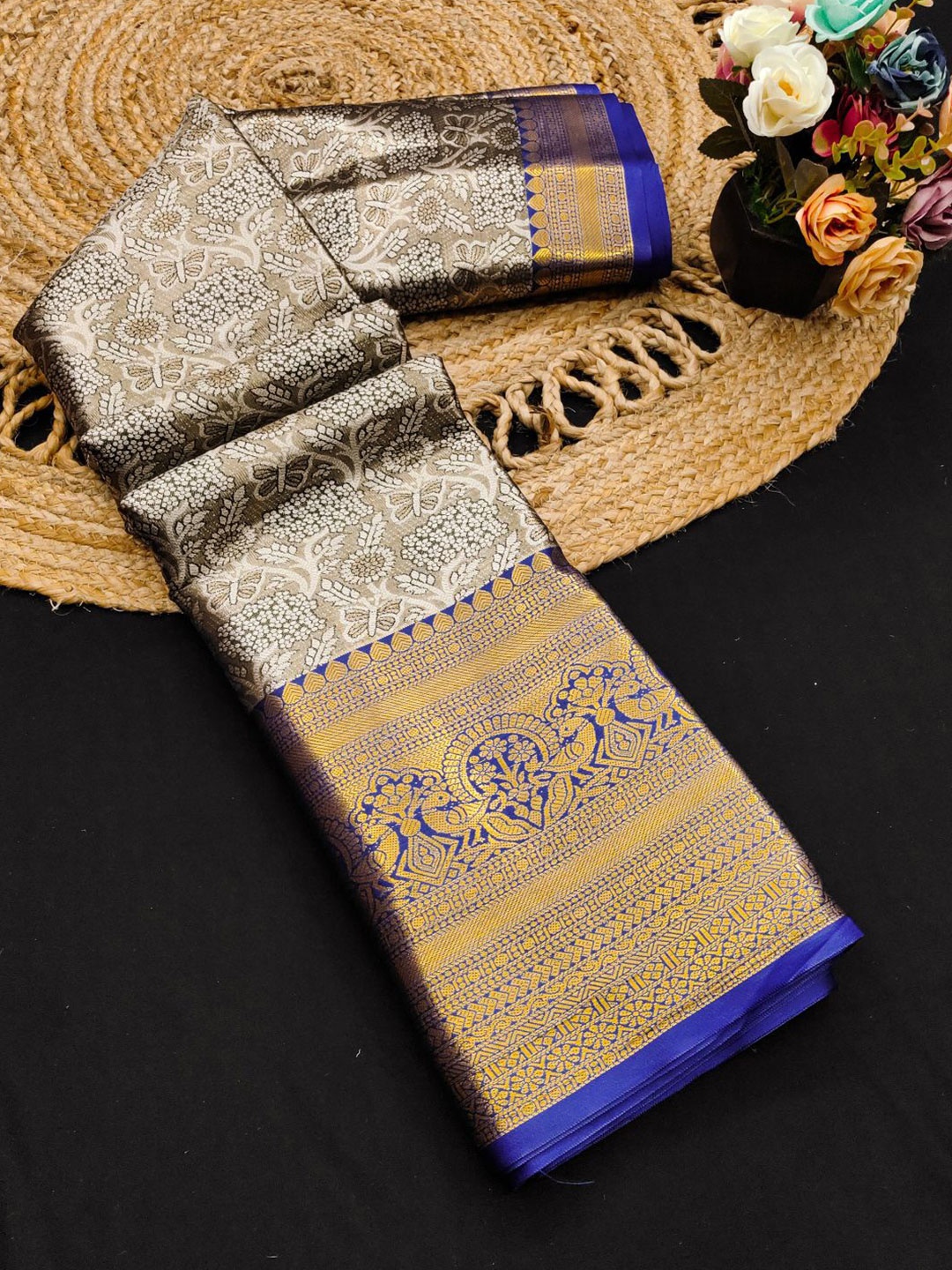 

Mitera Woven Design Zari Pure Silk Kanjeevaram Saree, Black