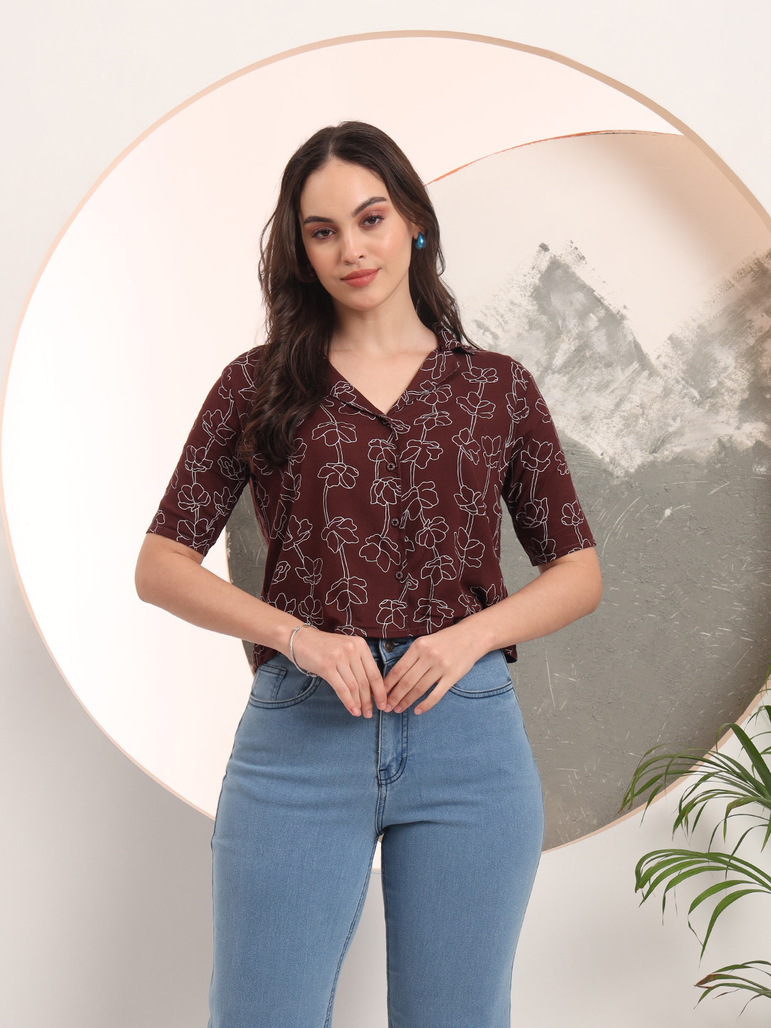 

Taswak Women Contemporary Floral Opaque Printed Casual Shirt, Brown