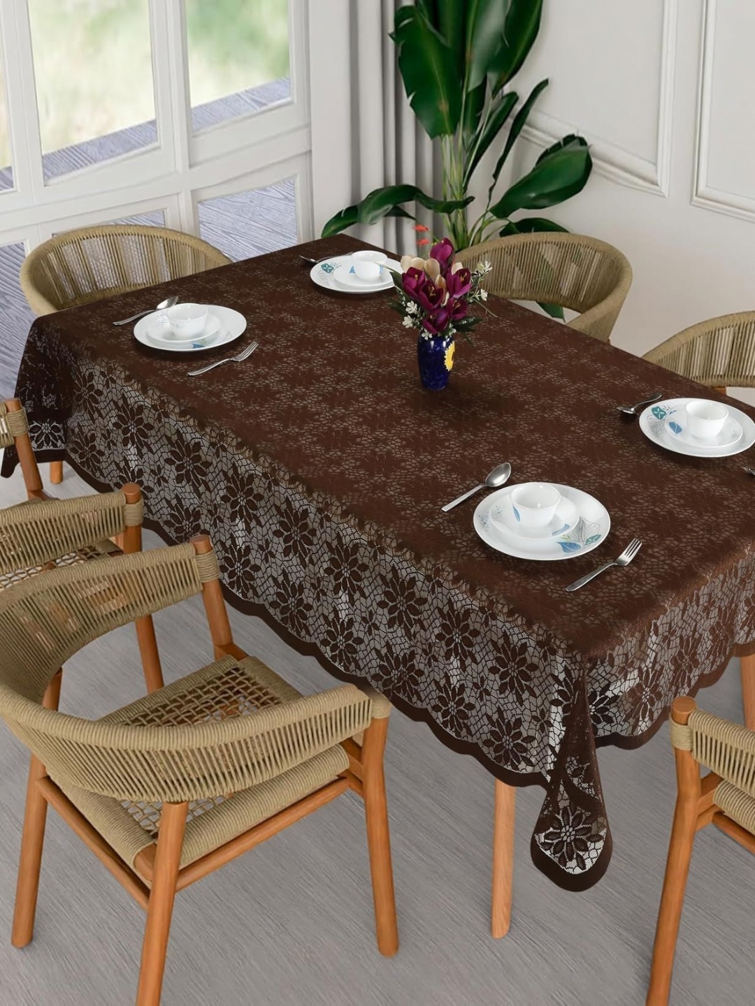 

Homerz Coffee Brown Floral Cotton 6-Seater Table Cover