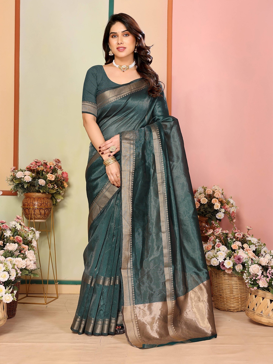 

Moda Rapido Woven Design Zari Silk Blend Kanjeevaram Saree, Blue