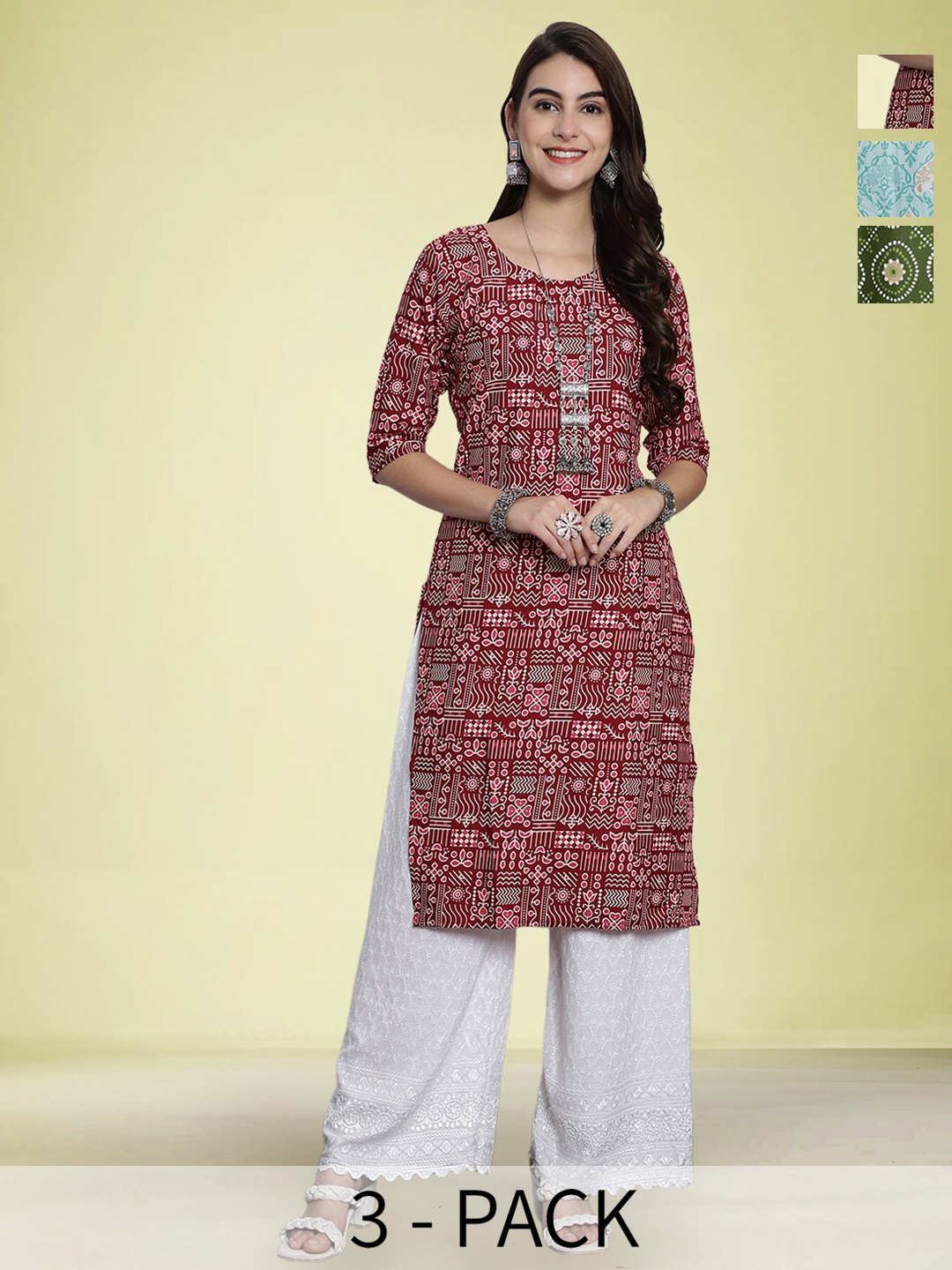 

Moda Rapido Selection Of 3 Geometric Printed Round Neck Straight Kurta, Maroon