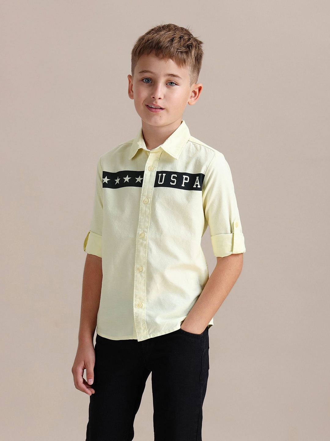 

U.S. Polo Assn. Kids Boys Brand Logo Printed Pure Cotton Casual Shirt, Yellow