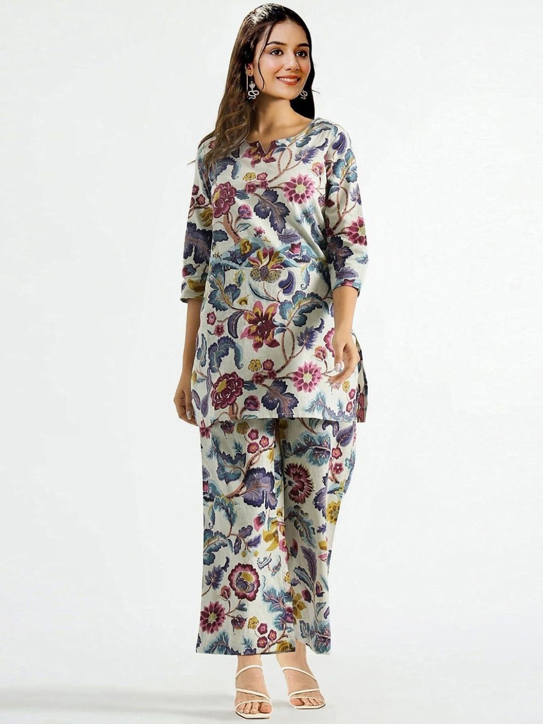 

Jade & Julie Printed Pure Cotton Round Neck Top With Palazzos Co-Ords, Pink