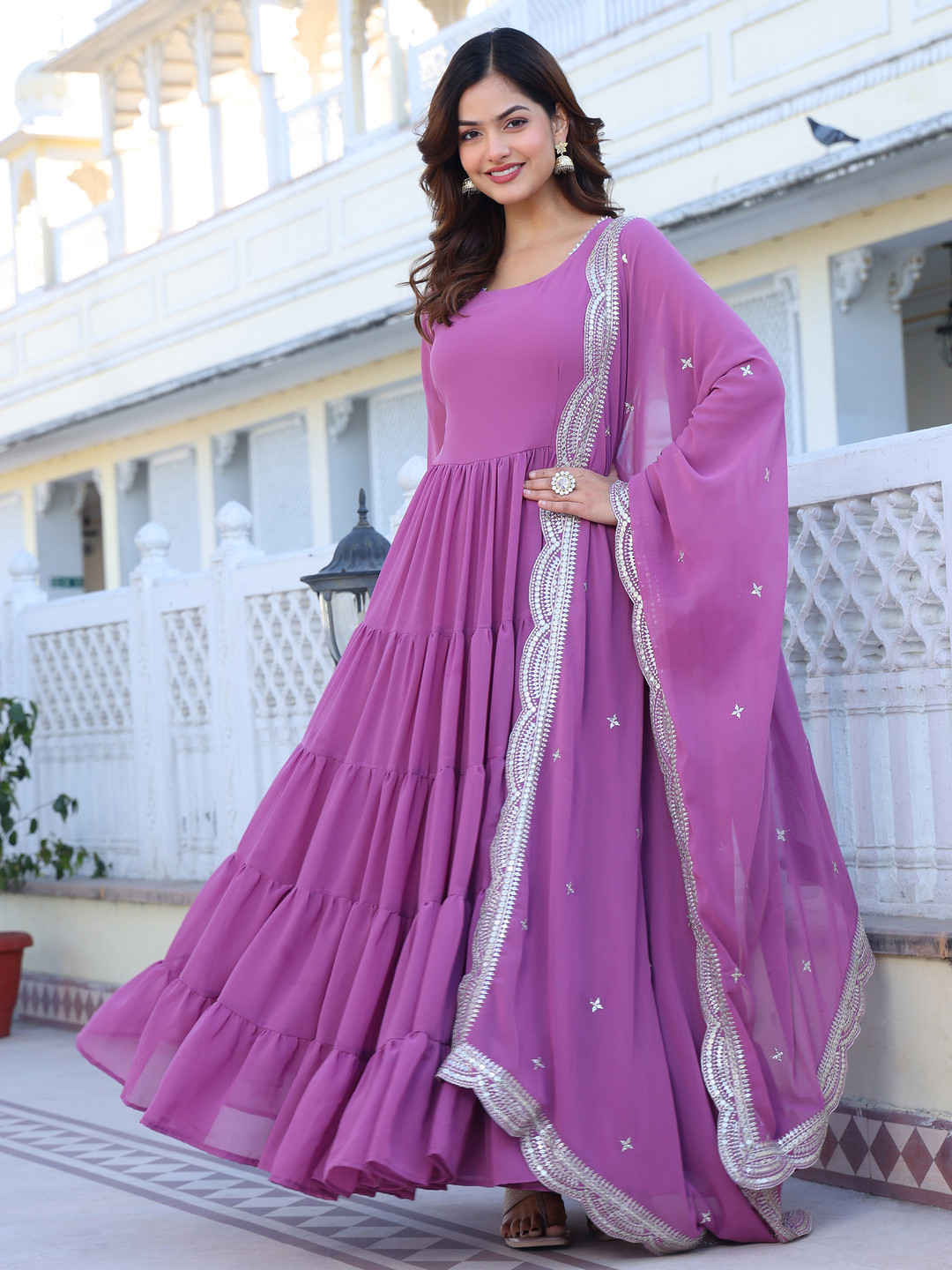

KALINI Women Layered Kurta with Palazzos & With Dupatta, Purple