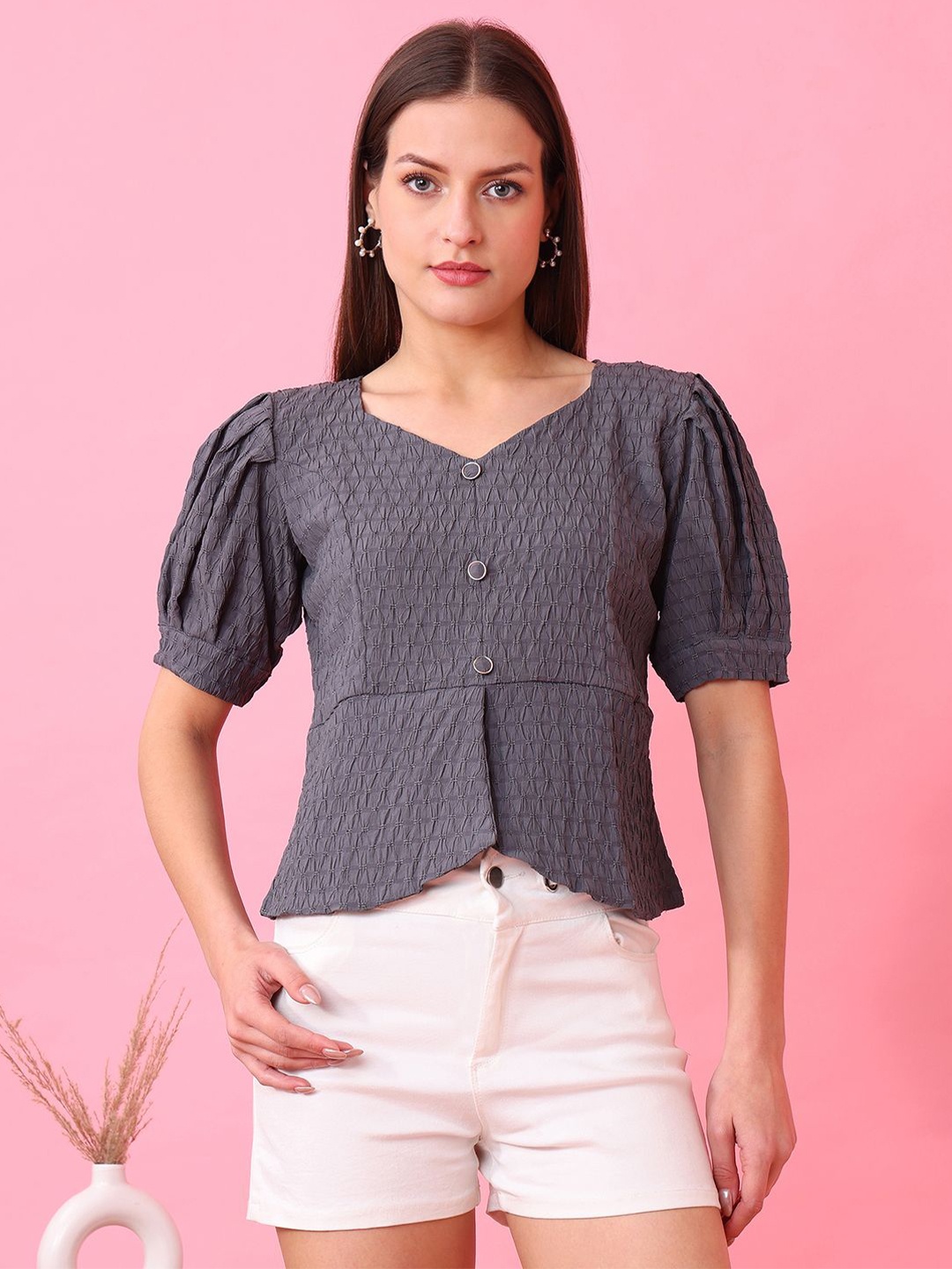 

Kinjo Sweetheart Neck Puff Sleeve Top, Grey