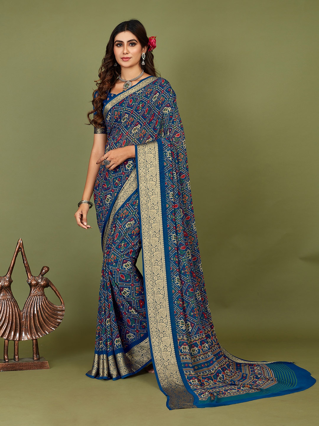 

Meena Bazaar Bandhani Zari Art Silk Saree, Navy blue