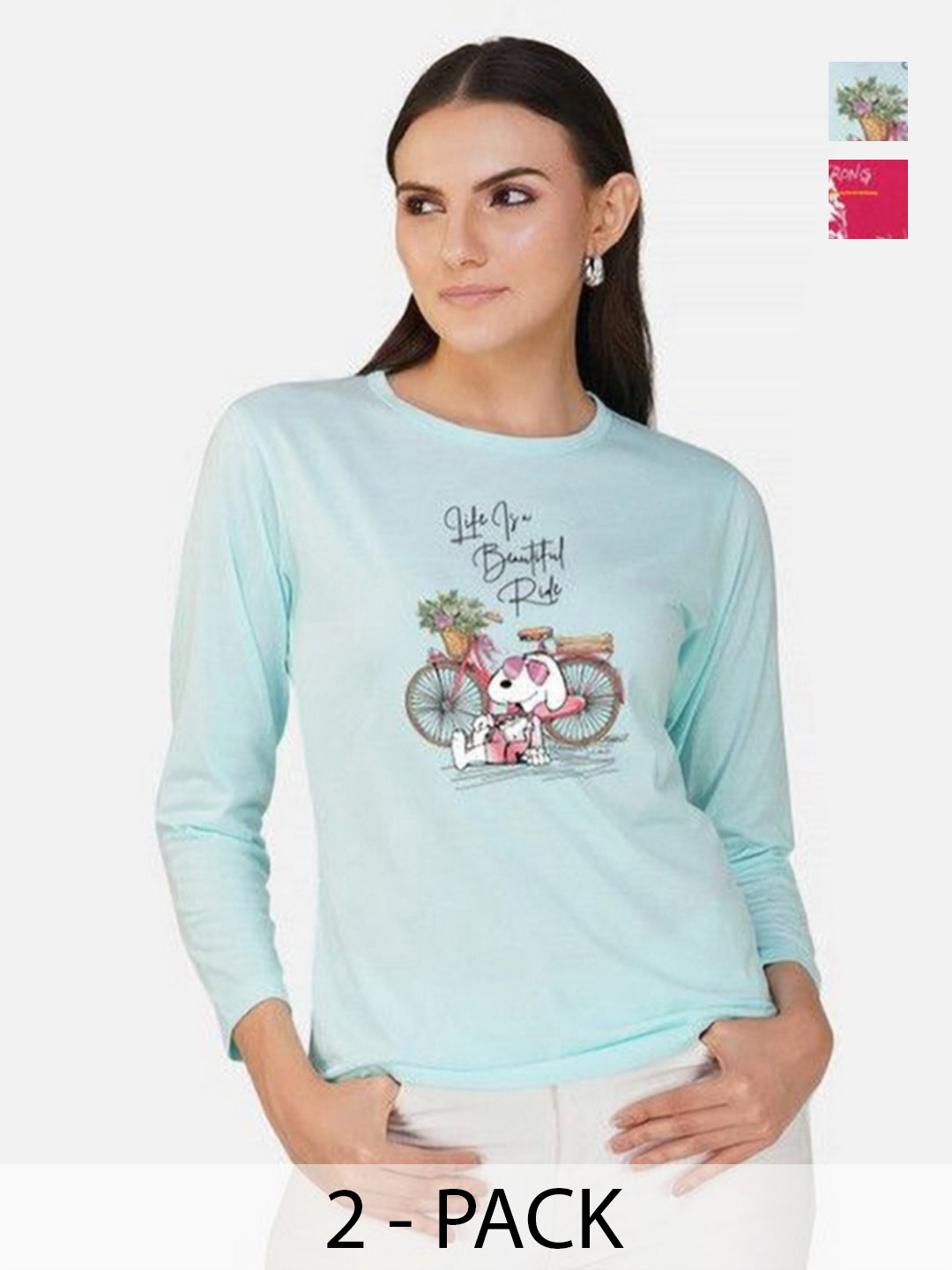 

Metronaut Women Pack of 2 Bio Finish Graphic Printed Round Neck Cotton T-shirts, Turquoise blue