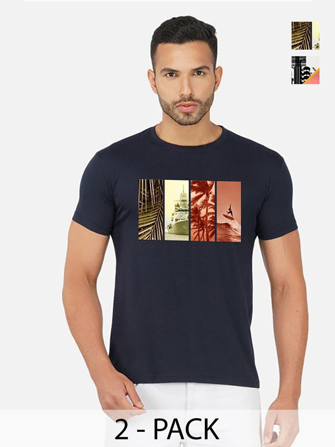 

GLOBAL NOMAD Men 2 Printed Bio Finish Applique T-shirt, Navy blue