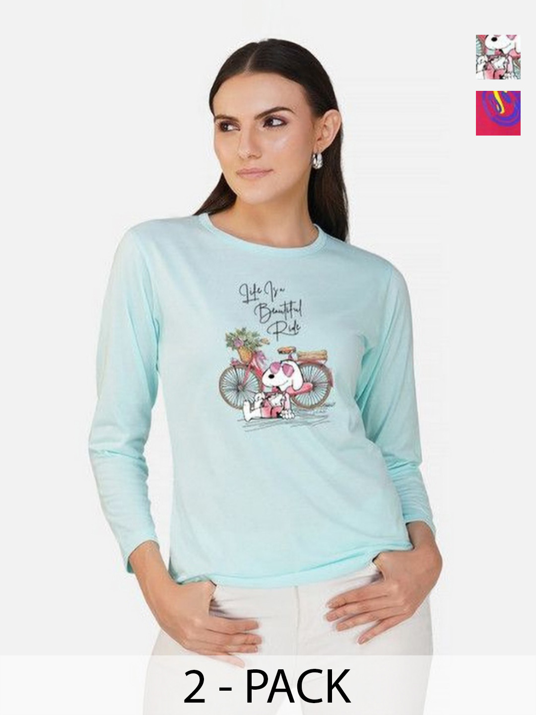 

Metronaut Women Pack of 2 Bio Finish Graphic Printed Round Neck Cotton T-shirts, Turquoise blue