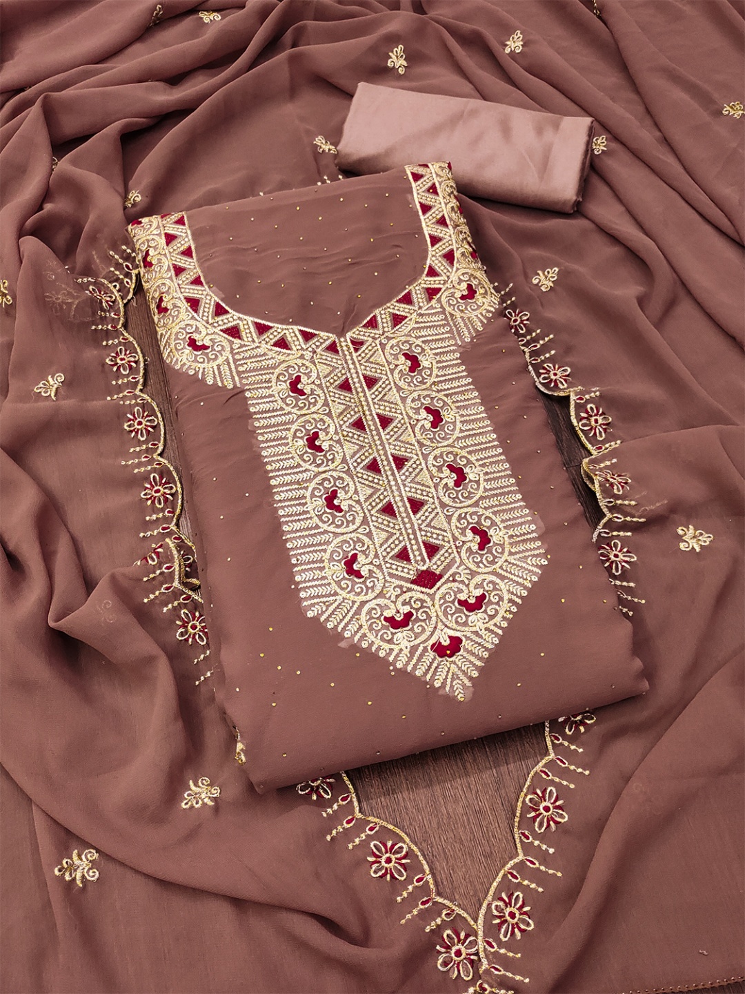 

Leeza Store Unstitched Dress Material, Brown