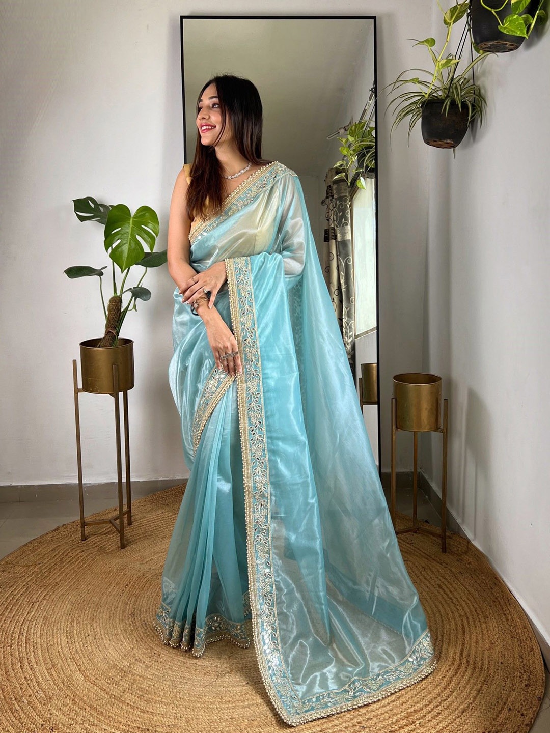 

Mitera Embellished Embroidered Tissue Saree, Blue