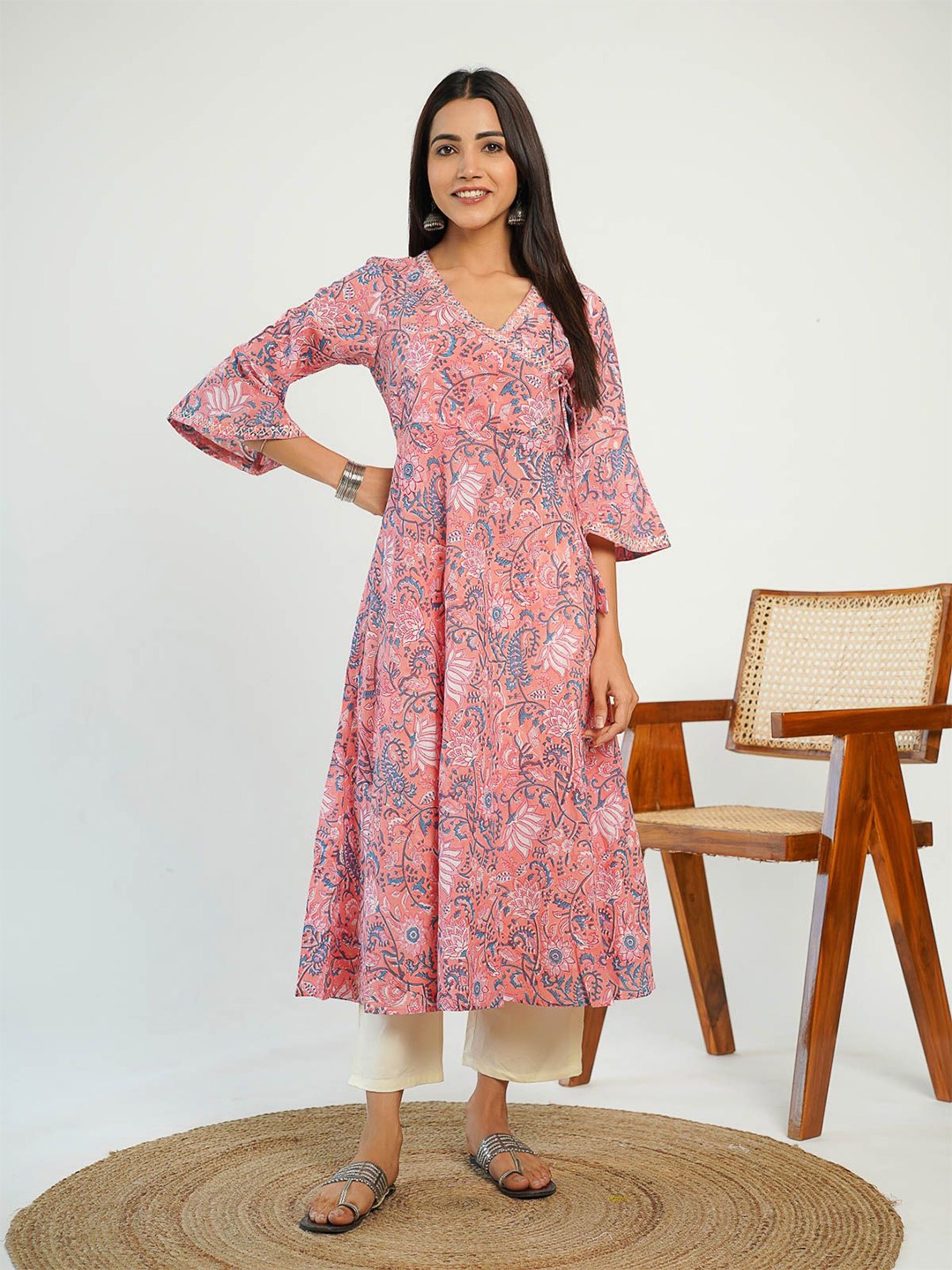 

GOODHAND Floral Printed A-Line Midi Ethnic Dress, Pink