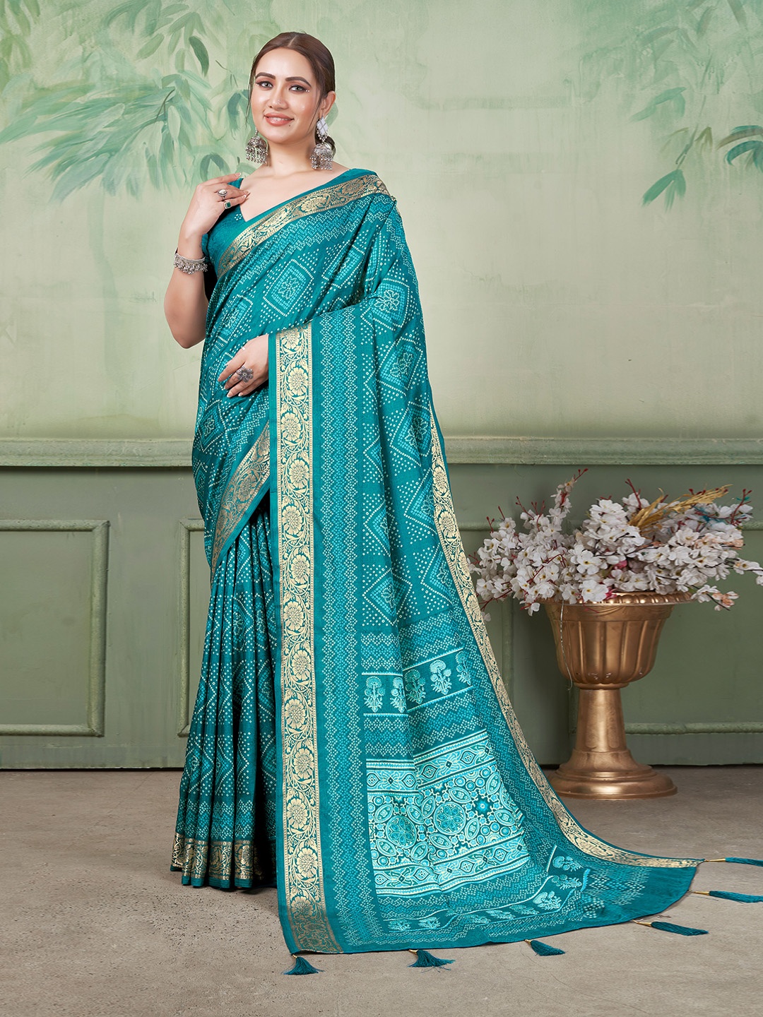 

Meena Bazaar Bandhani Zari Art Silk Saree, Blue
