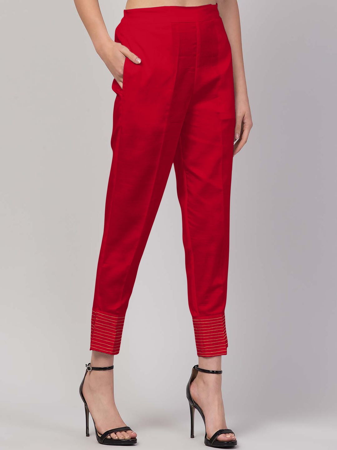 

FLOREOS Women Textured Embroidered Comfort Easy Wash Trousers, Red