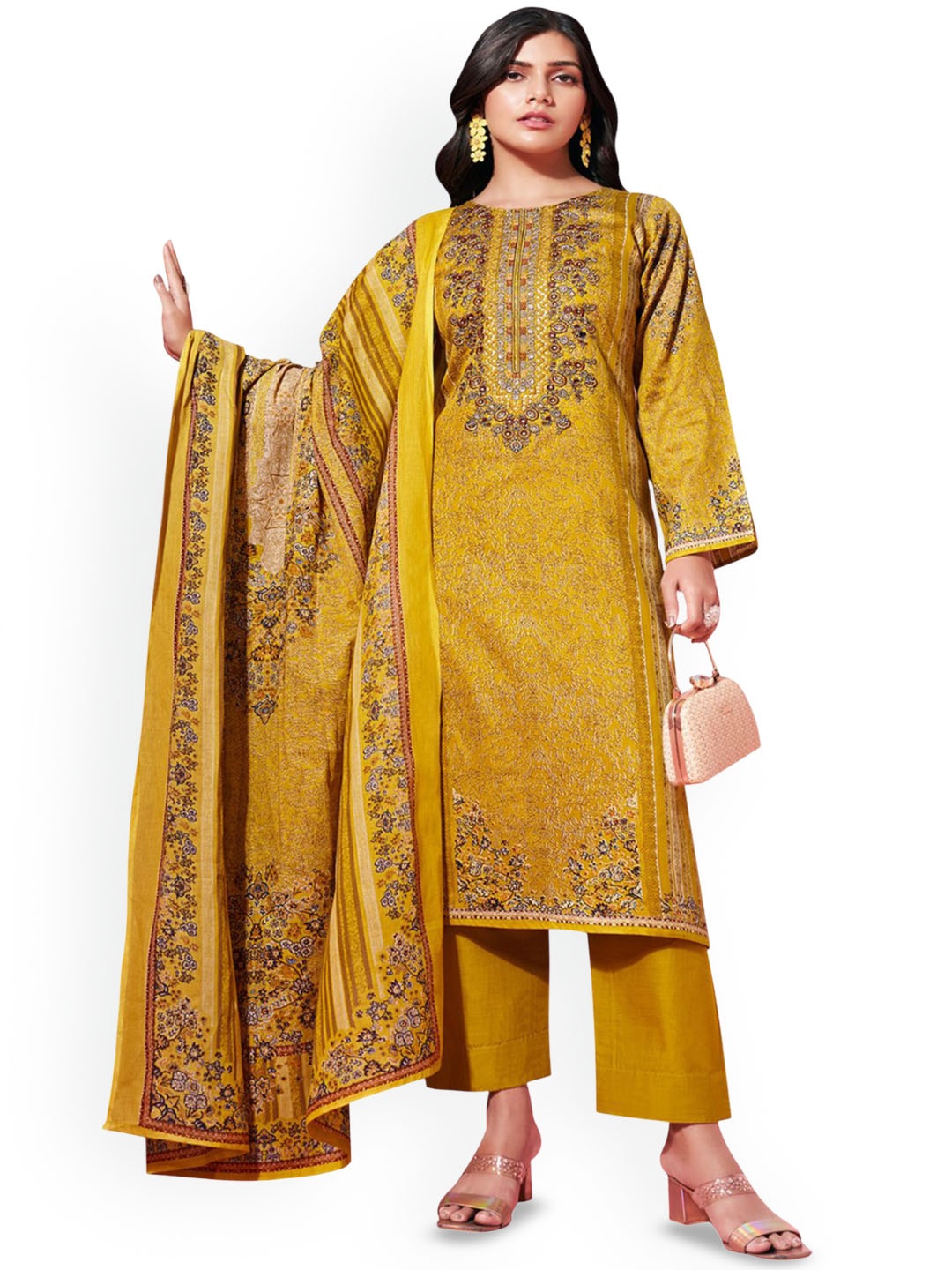 

DRAVINAM Trends Embroidered Pure Cotton Unstitched Dress Material, Yellow