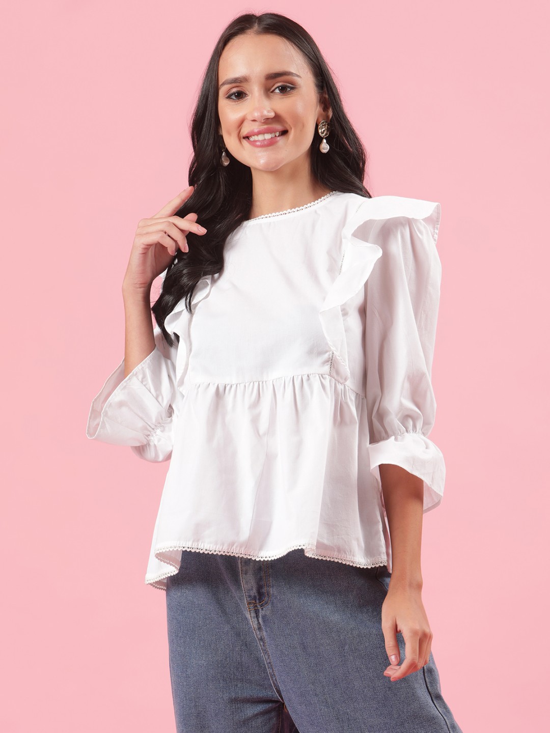 

Shades of Sabi Round neck solid Cotton Regular Top, White
