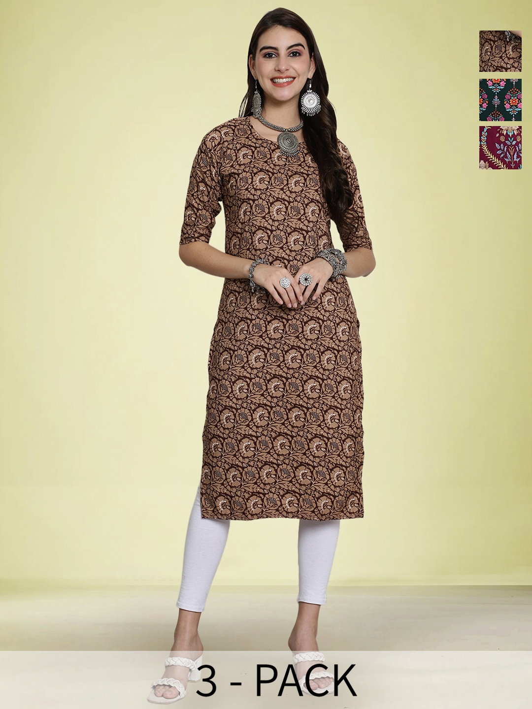 

Moda Rapido Selection Of 3 Floral Printed Round Neck Straight Kurtas, Brown