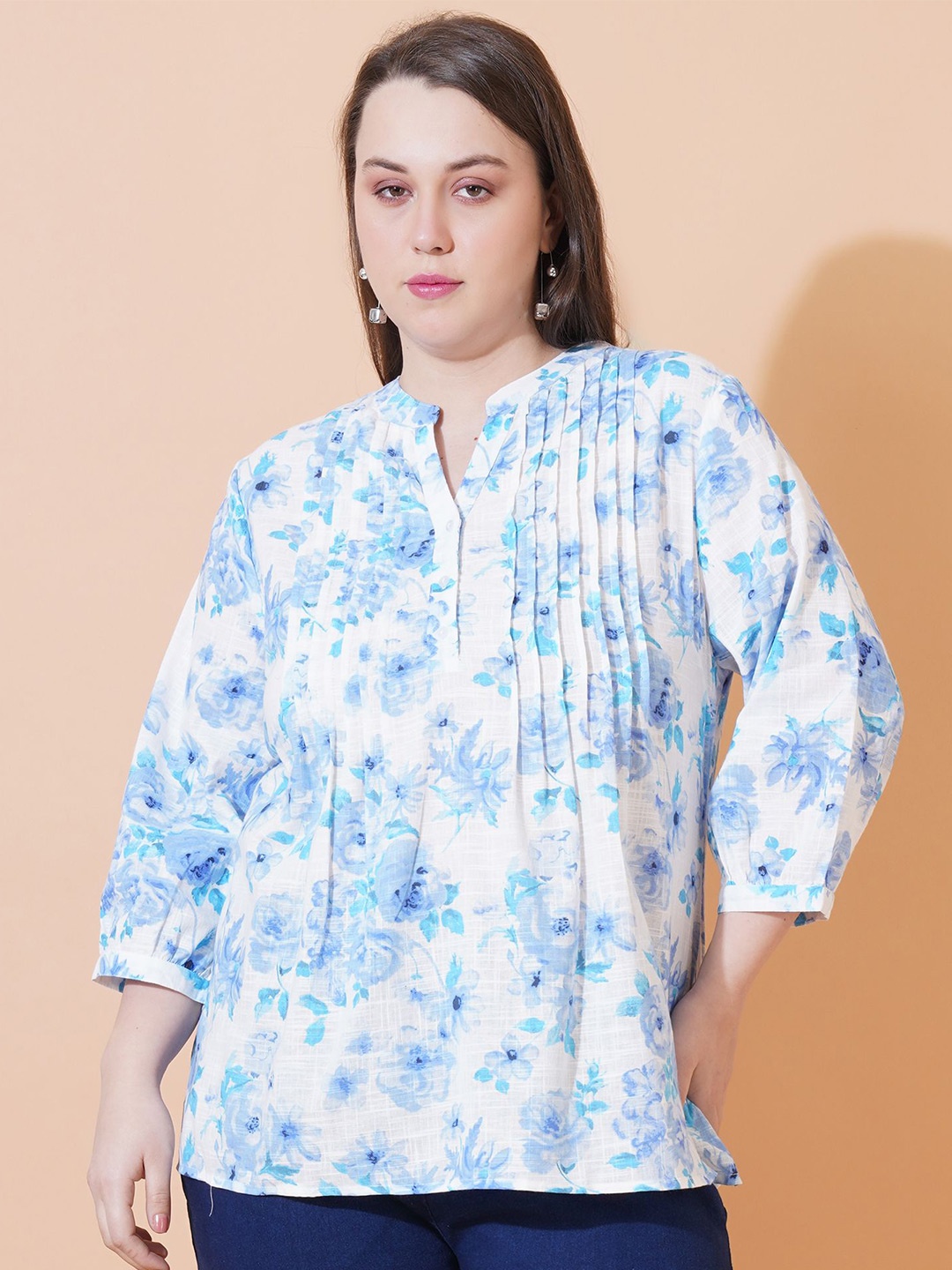 

Sztori Tie and Dye Print Mandarin Collar Cotton Longline Top, White