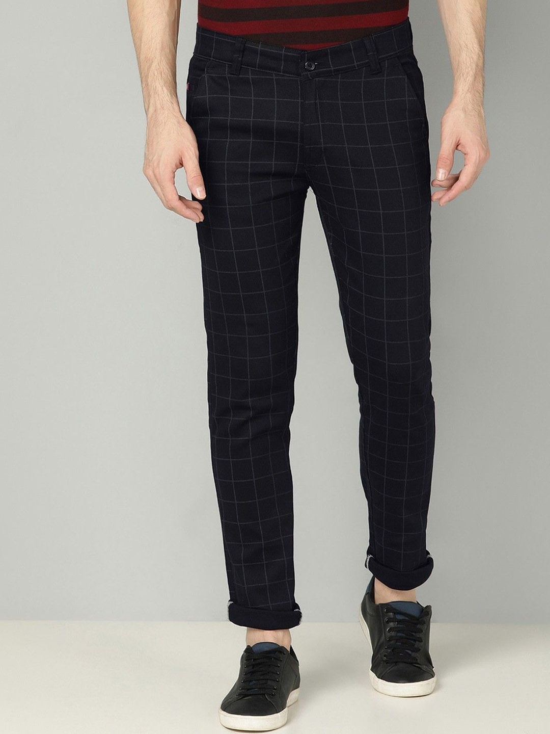 

PulseIQ Men Checked Slim Fit Easy Wash Trousers, Black