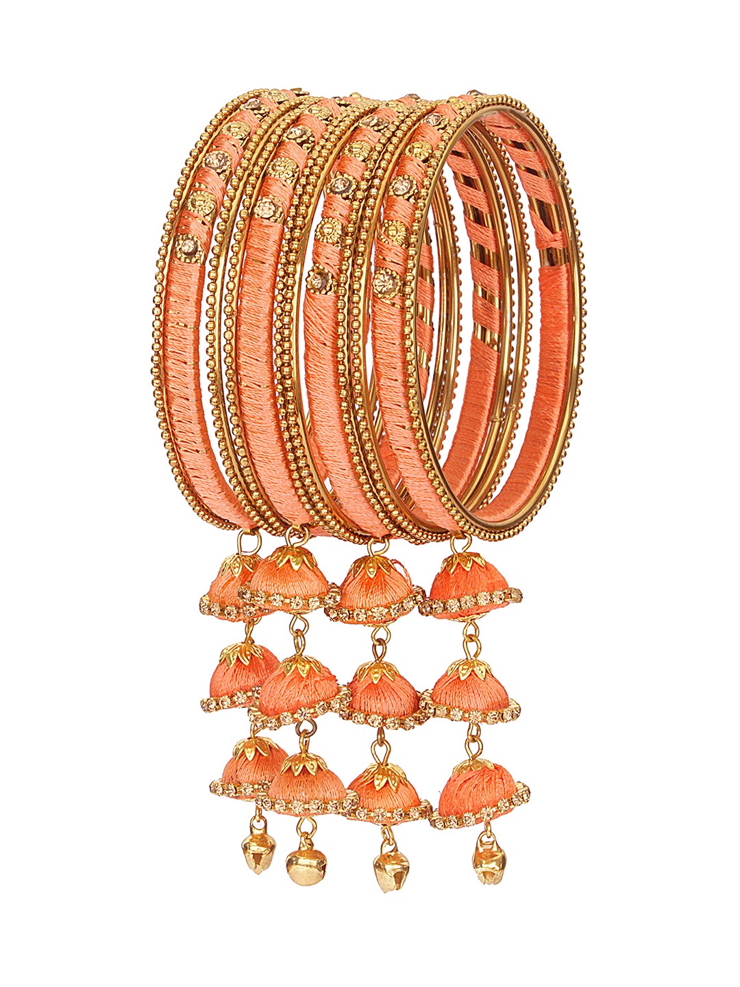 

ZULKA Set Of 12 Artificial Stones Studded and Beaded Silk Thread Latkan Bangles, Peach