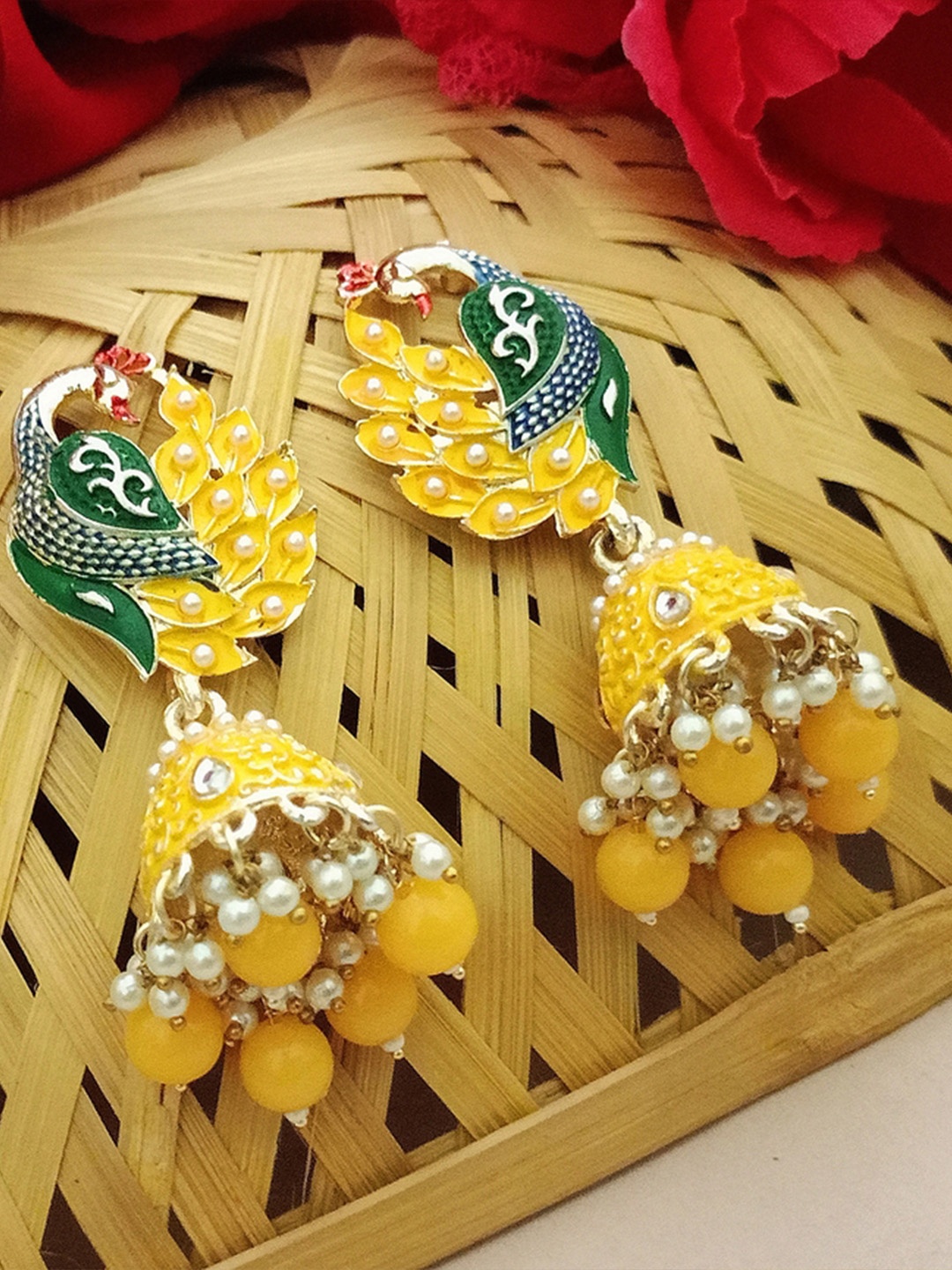 

DIVASTRI Gold-Plated Artificial Beads Dome Shaped Jhumkas Earrings, Yellow