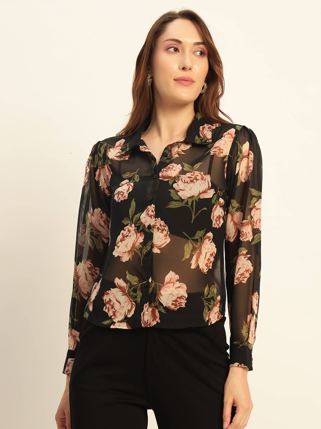 

Chemistry Women Premium Floral Semi Sheer Printed Party Shirt, Black