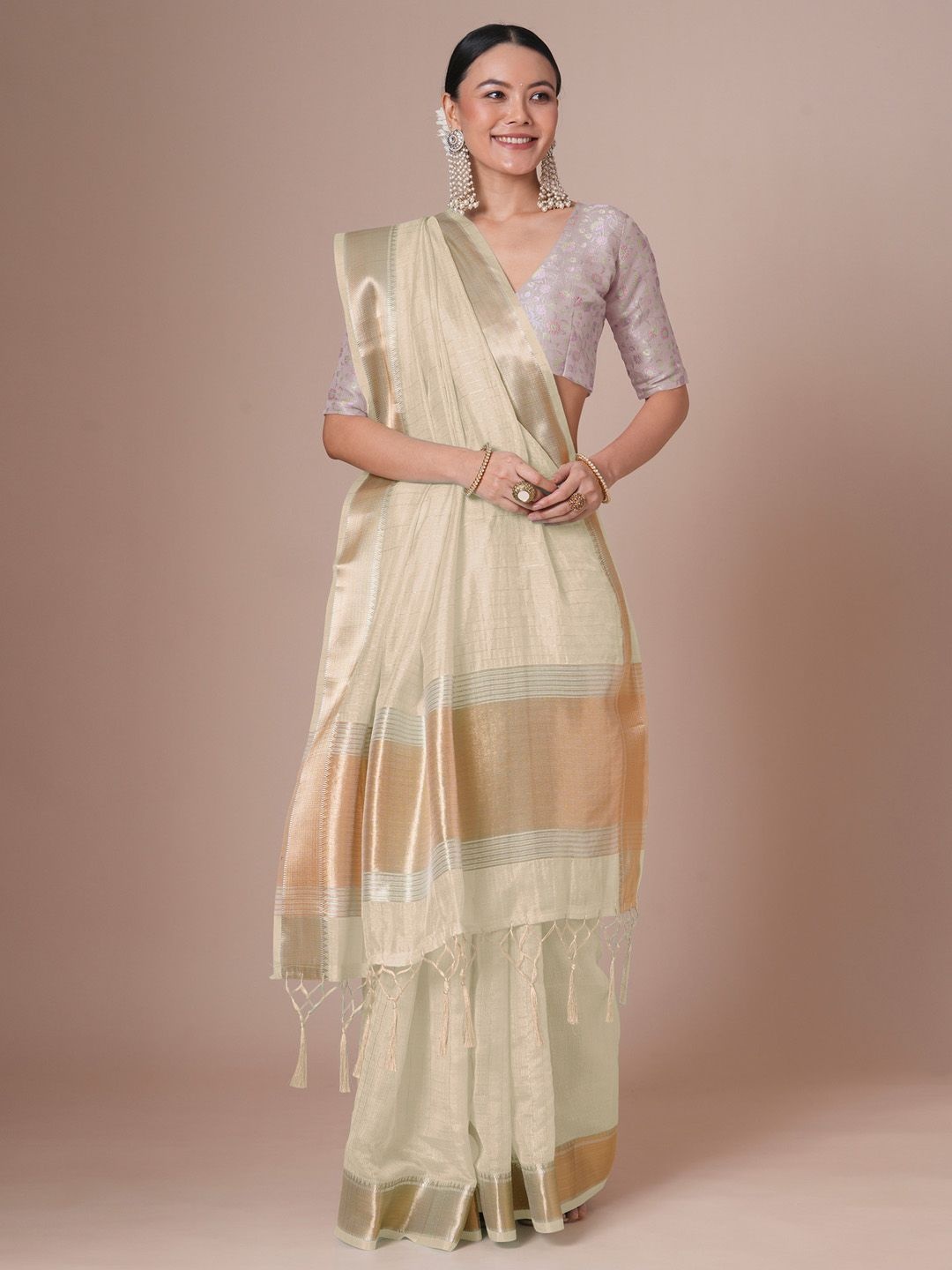 

House of Pataudi Banarasi Woven Design Saree With Blouse, Cream