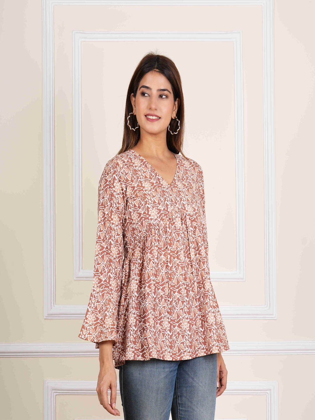 

CRENOL THREADS Floral Print Flared Sleeve Cotton Top, Peach