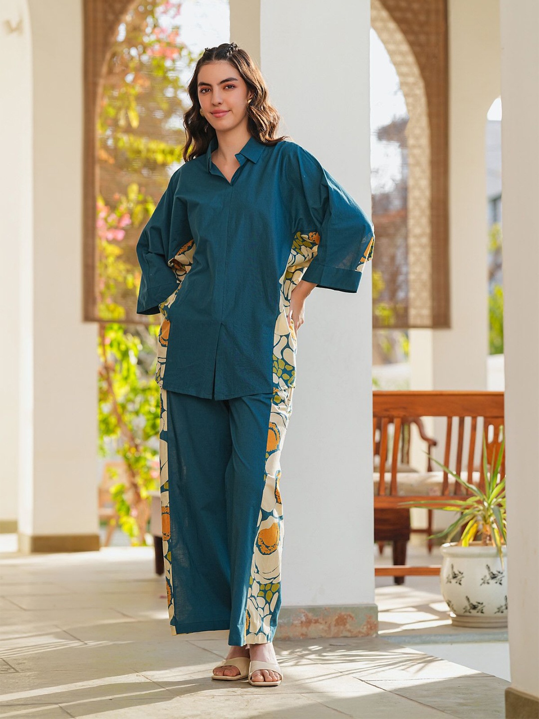 

JISORA Women's Blue Printed Cotton Co-ord Set