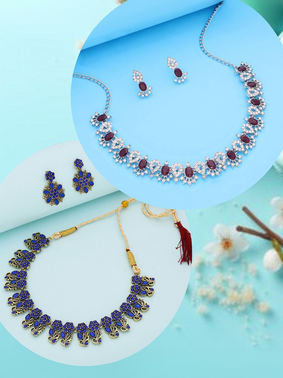 

DIVASTRI Set Of 2 Gold-Plated American Diamond Studded Jewellery Sets
