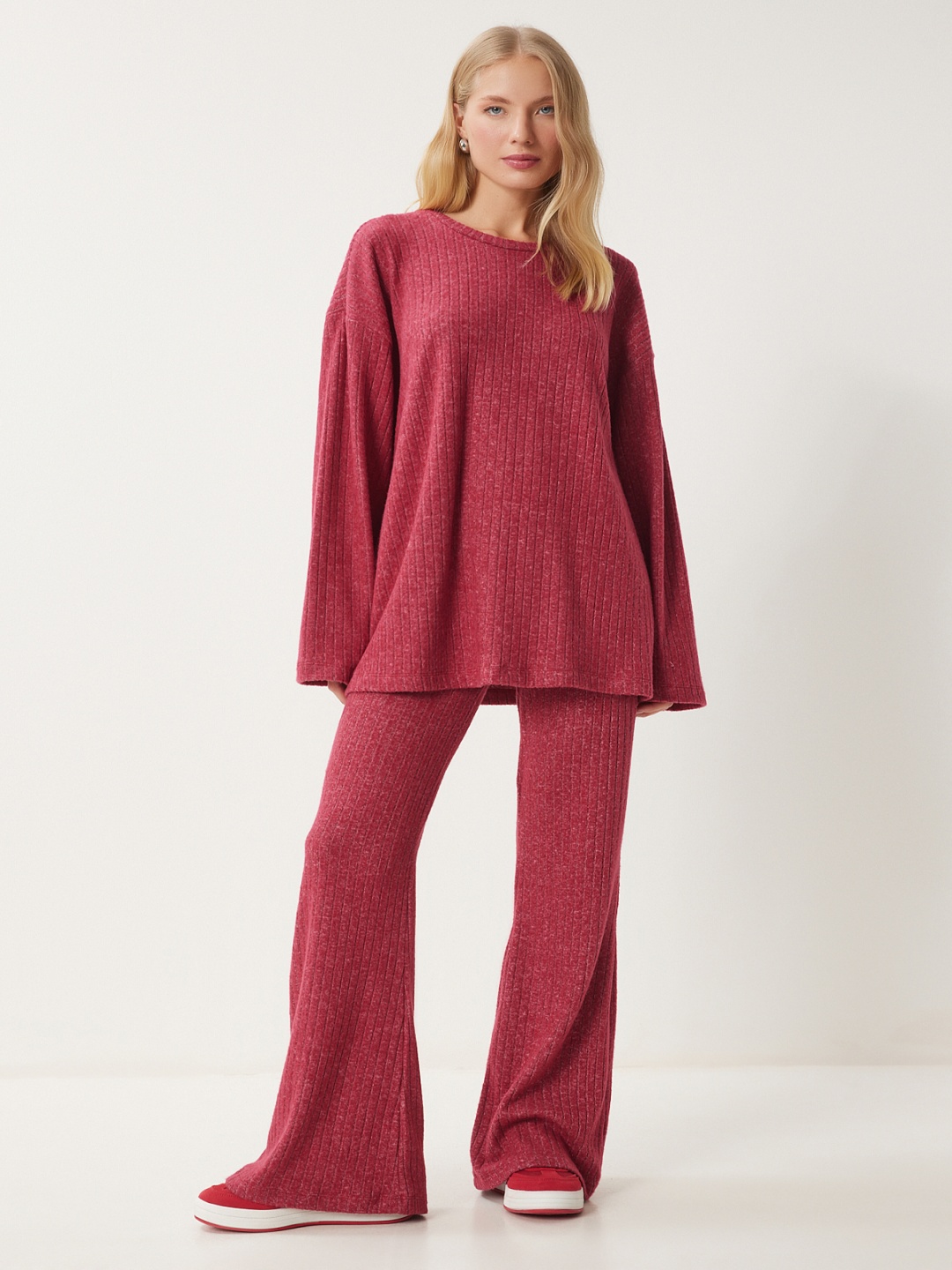 

Happiness istanbul Ribbed Round Neck Top With Trouser Co-Ords, Red