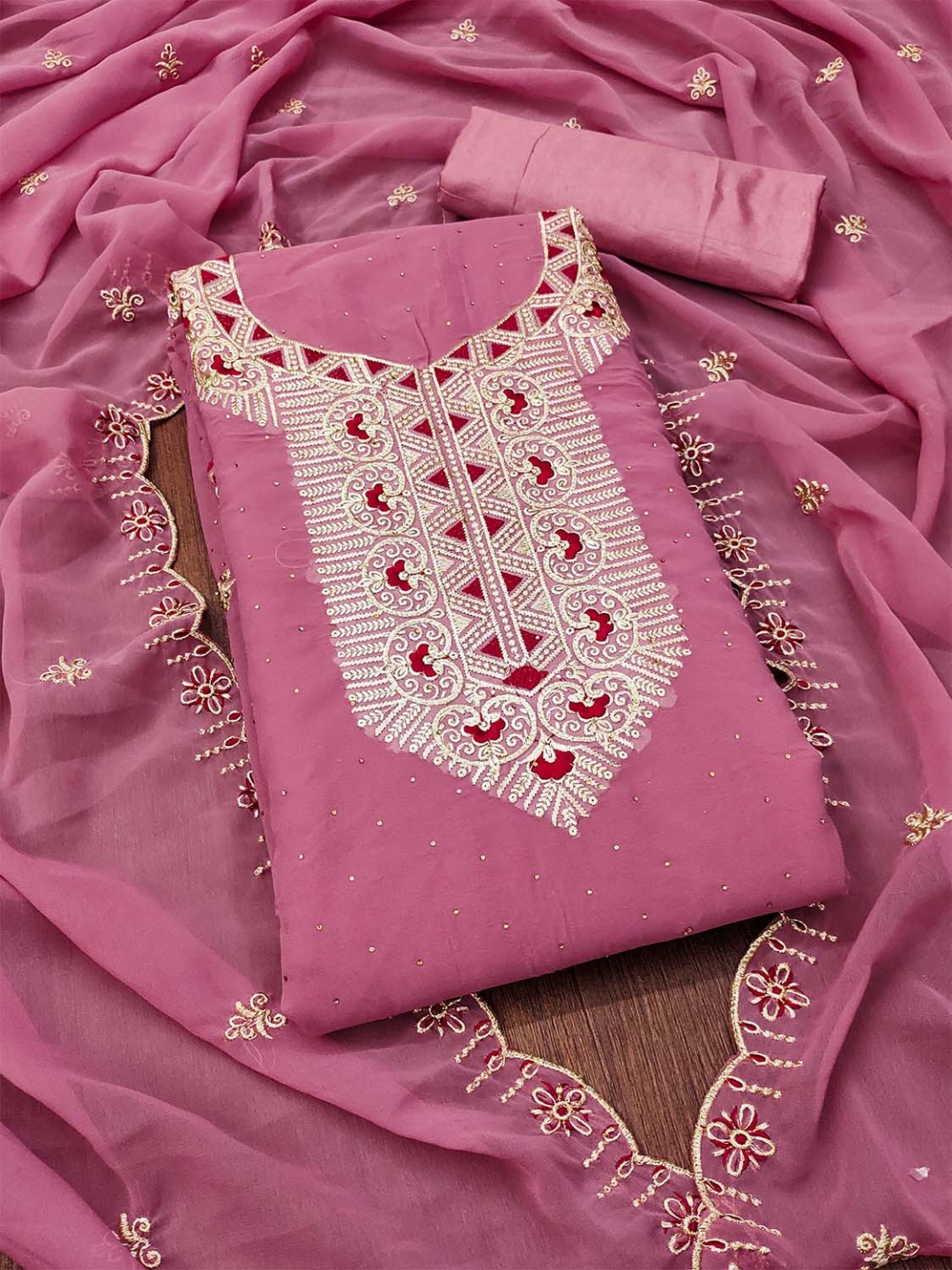 

Leeza Store Unstitched Dress Material, Pink