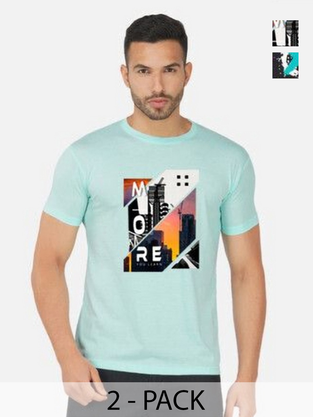 

GLOBAL NOMAD Men 2 Printed Bio Finish Applique T-shirt, Turquoise blue