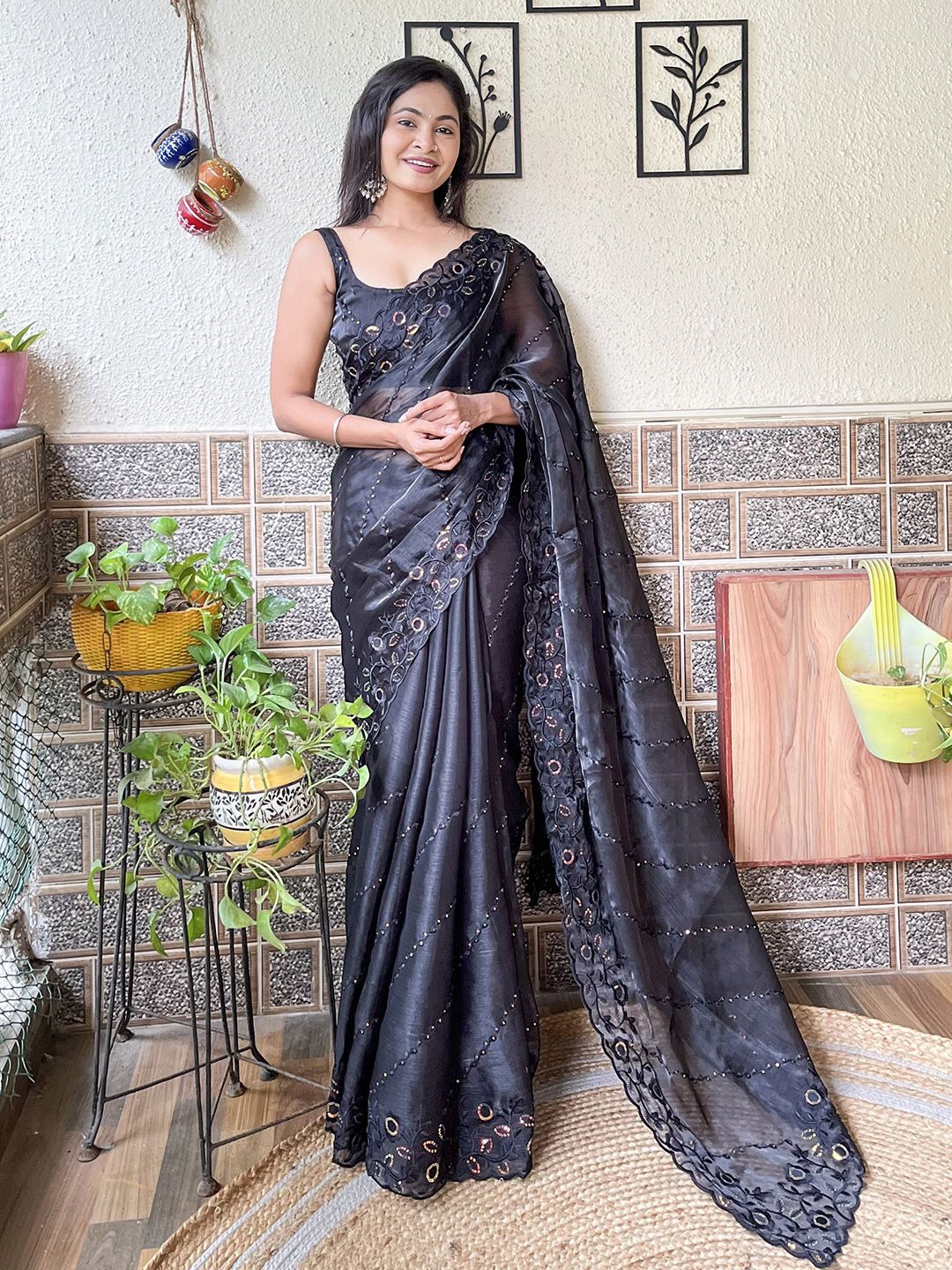 

LeeliPeeri Designer Floral Sequinned Silk Blend Saree, Black