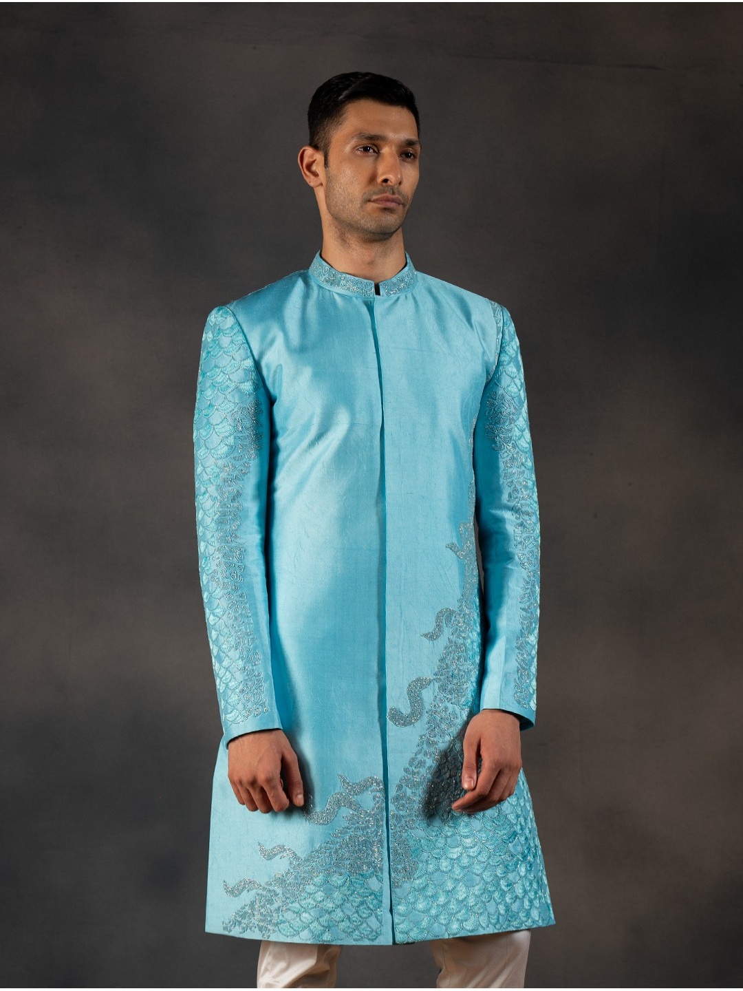 

HILO DESIGN Embroidered Pure Silk Underwater Bliss Sherwani Set, Blue