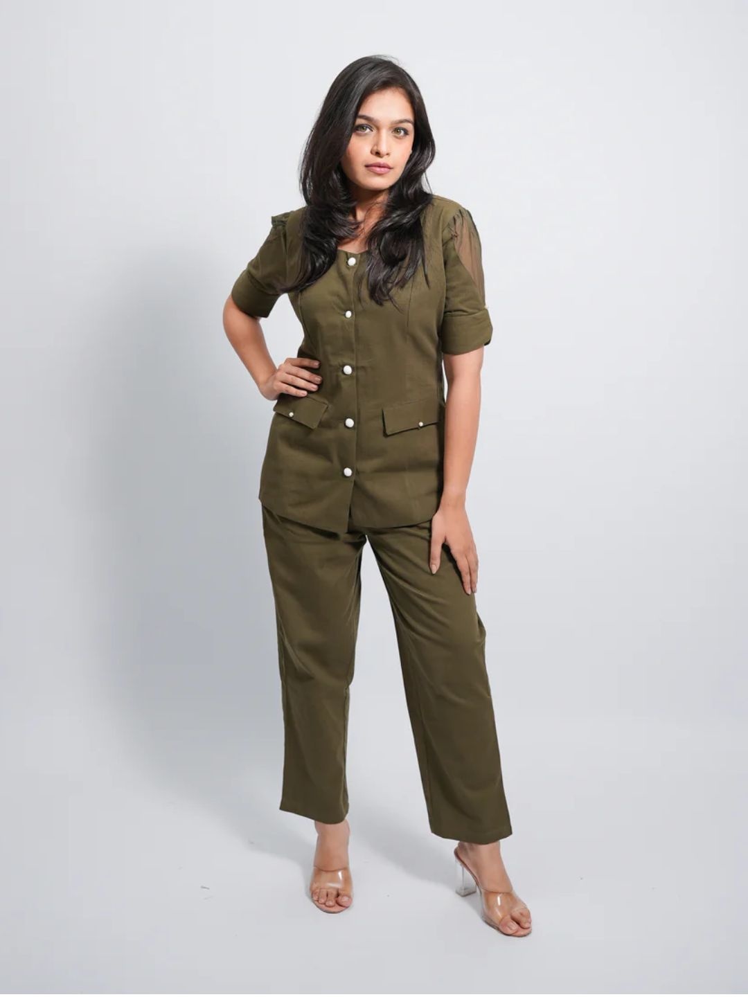 

Fabmoha Square Neck Pure Cotton Tunic With Trouser, Olive