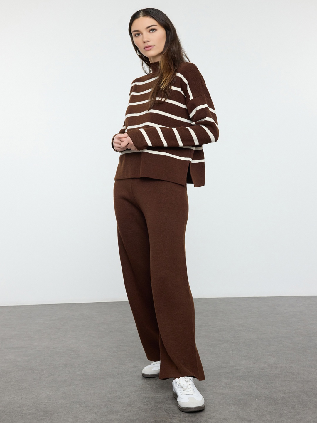 

Trendyol Striped Top With Trousers Co-Ords, Brown