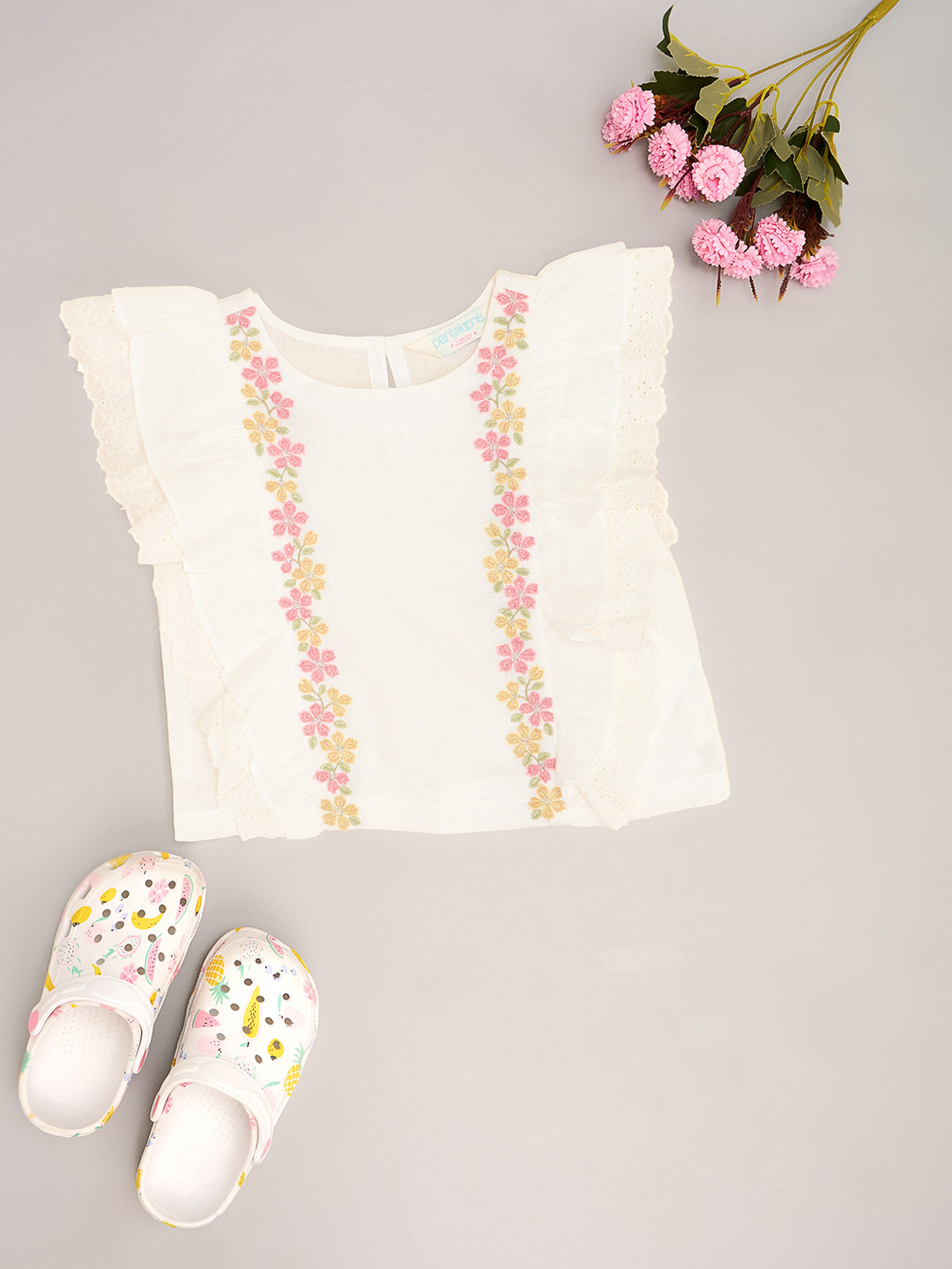 

AKKRITI BY PANTALOONS Floral Print Flutter Sleeve Cotton Top, Off white