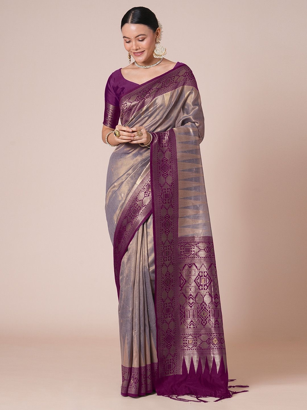 

House of Pataudi Banarasi Woven Design Saree With Blouse, Magenta
