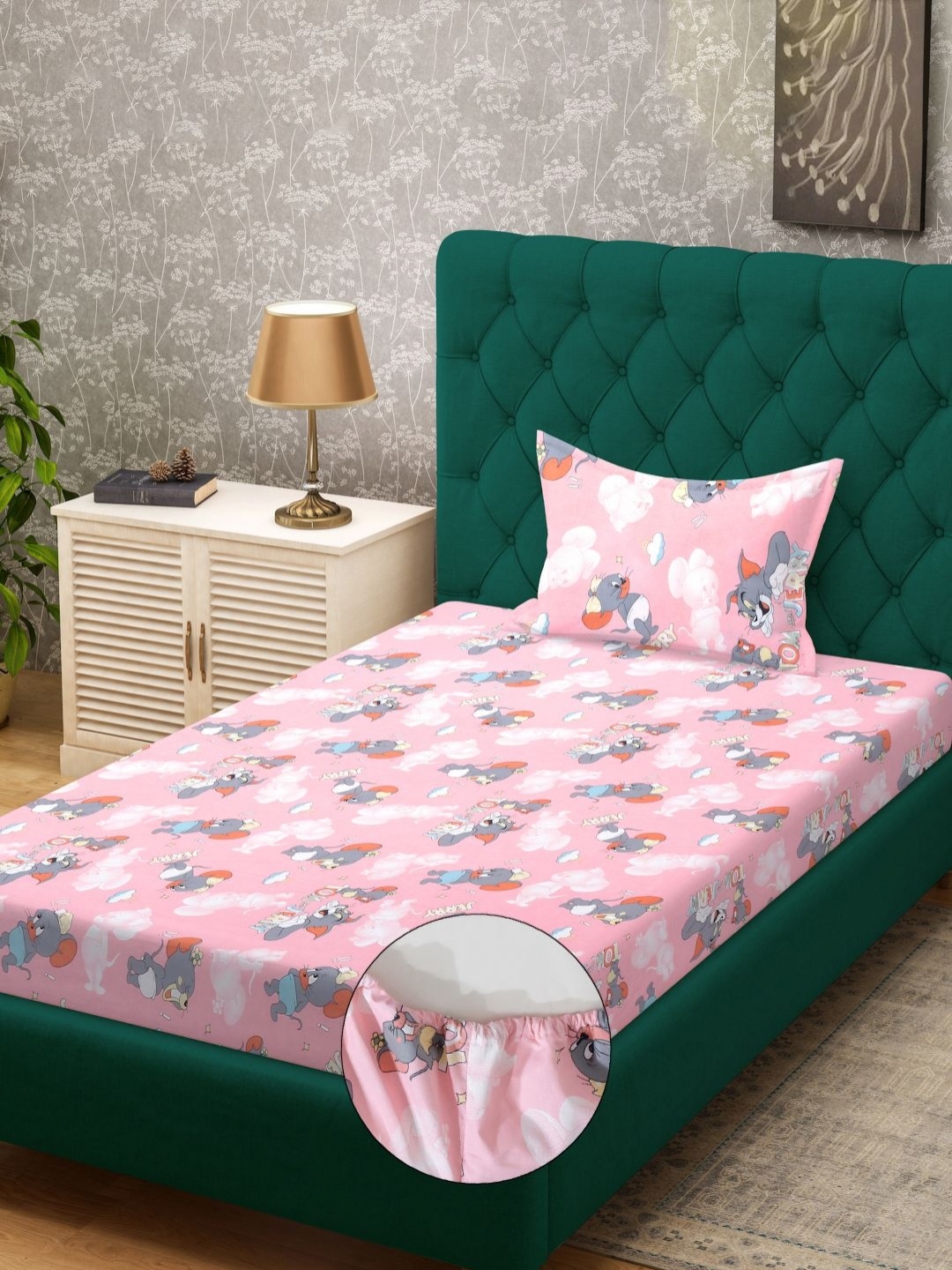 

Myntra Elegant Homes Pink & Grey Cartoon Characters 400 TC Single Bedsheet with 1 Pillow Covers