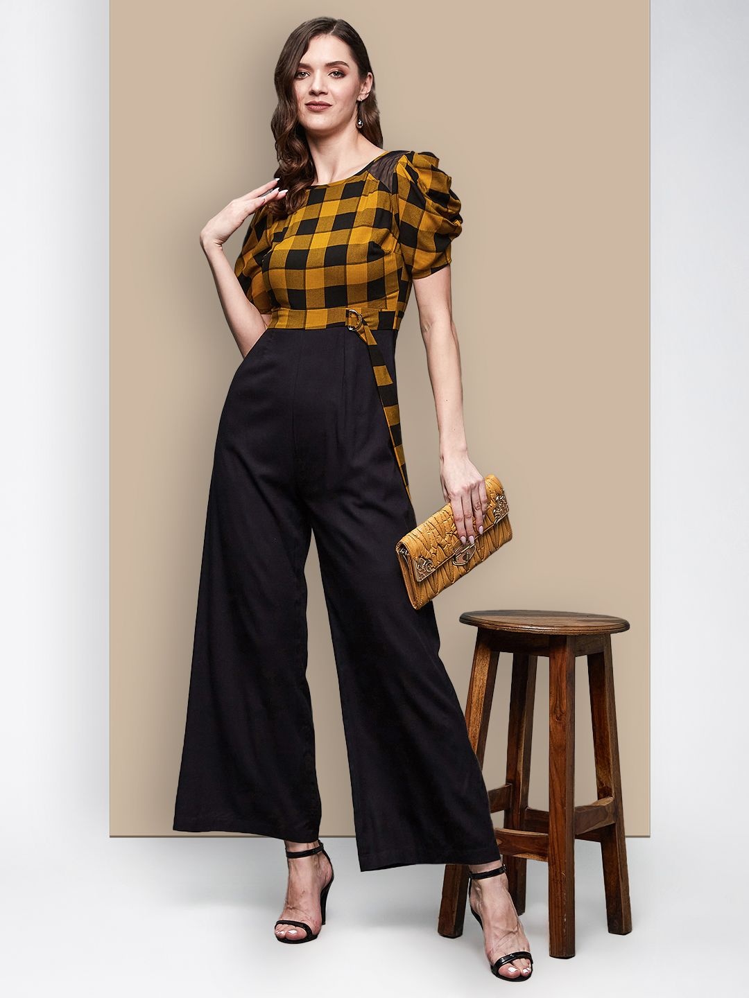 

Chemistry Checked Basic Jumpsuit, Black