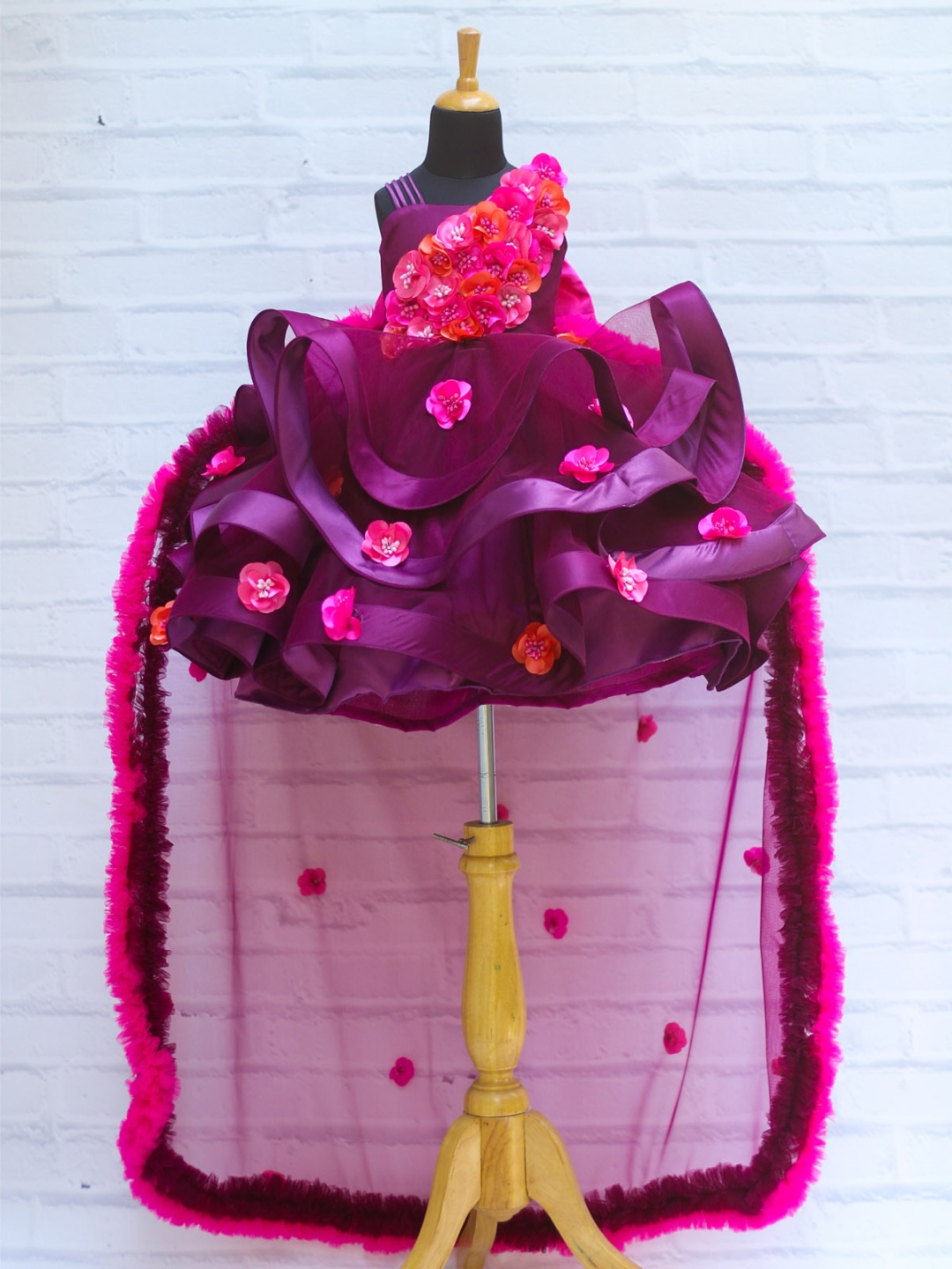 

Li & Li Boutique Girls Color Twirled Frock with Pink Shaded Hand Crafted Flowers, Purple
