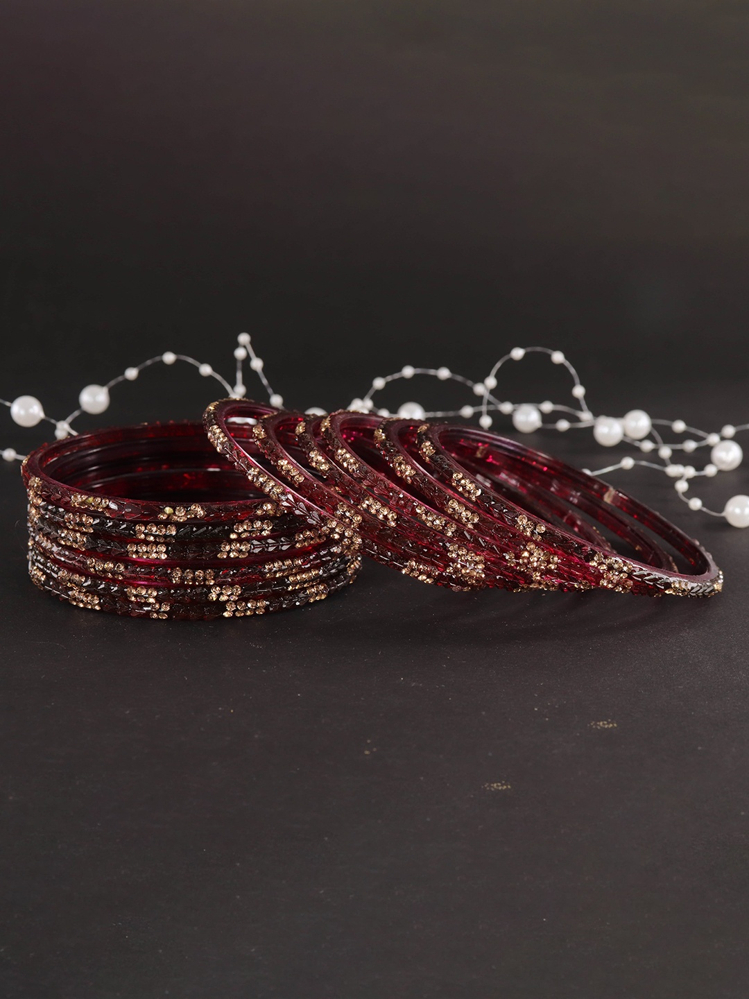 

LAVAZZA Set Of 12 Cubic Zirconia Studded Glass Bangles, Maroon