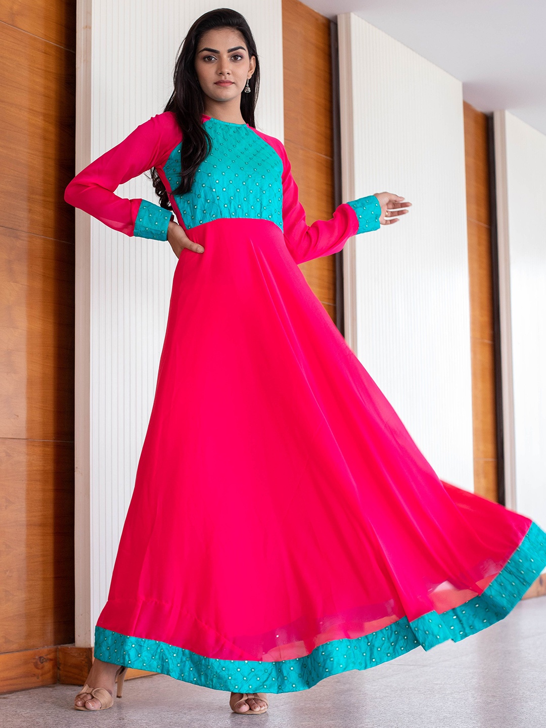 

Vinya Embroidered Bell Sleeve Georgette Fit & Flare Maxi Dress, Pink