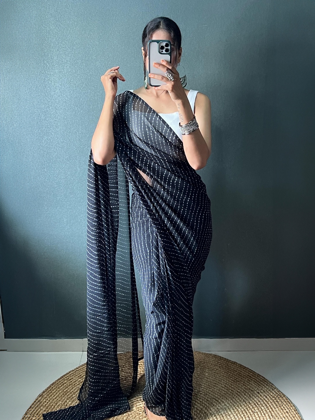 

Moda Rapido Striped Pure Georgette Ready to Wear Saree, Black