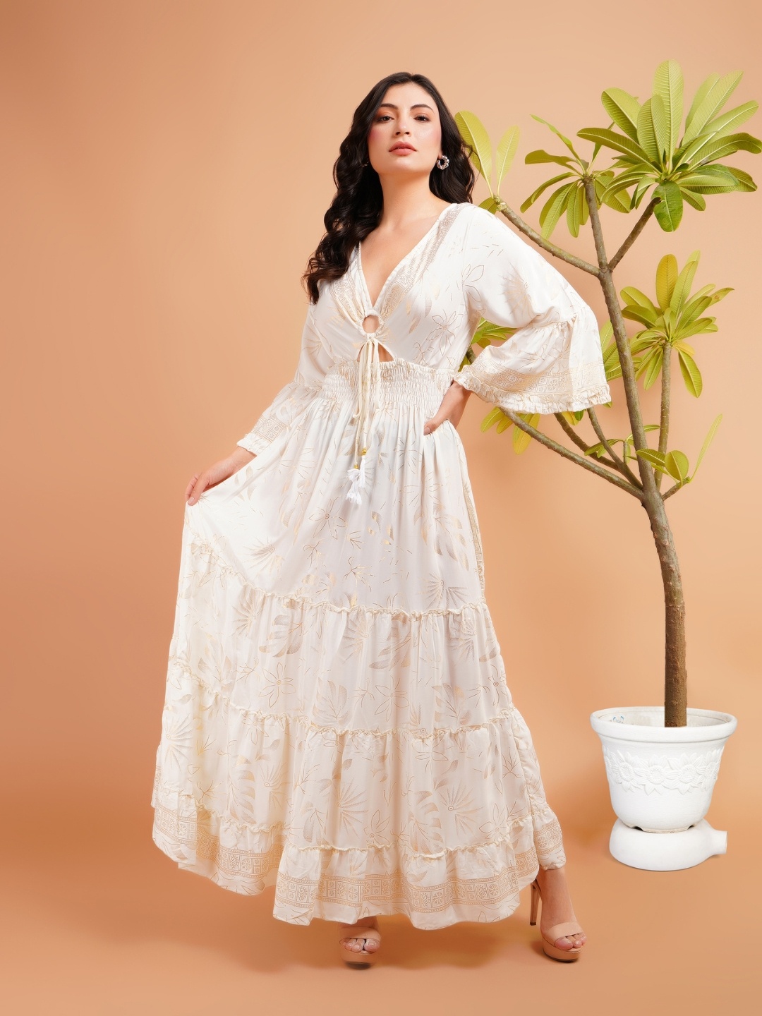 

Boholyfe Women Ivory Radiance Boho Fit and Flare Cut-Outs Maxi Dress, White