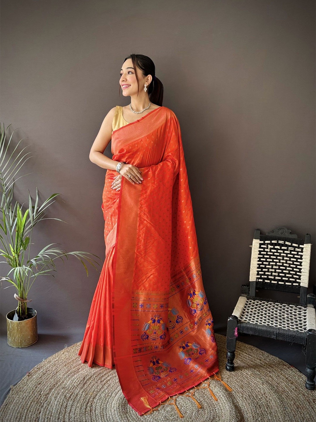 

Mitera Woven Design Zari Silk Blend Paithani Saree, Orange