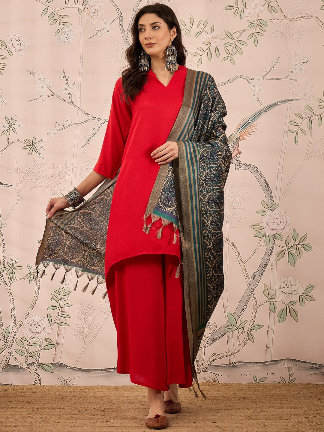 

InWeave Women Regular Kurta with Palazzos & With Dupatta, Red