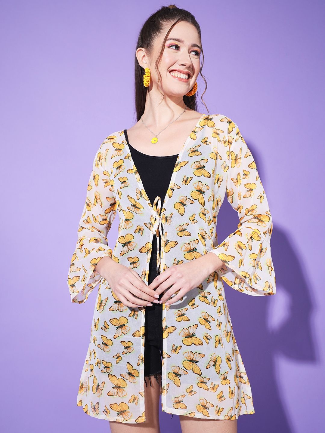 

DIMPY GARMENTS Butterfly Printed Tie-Up Neck Open Front Georgette Crop Shrug, Yellow