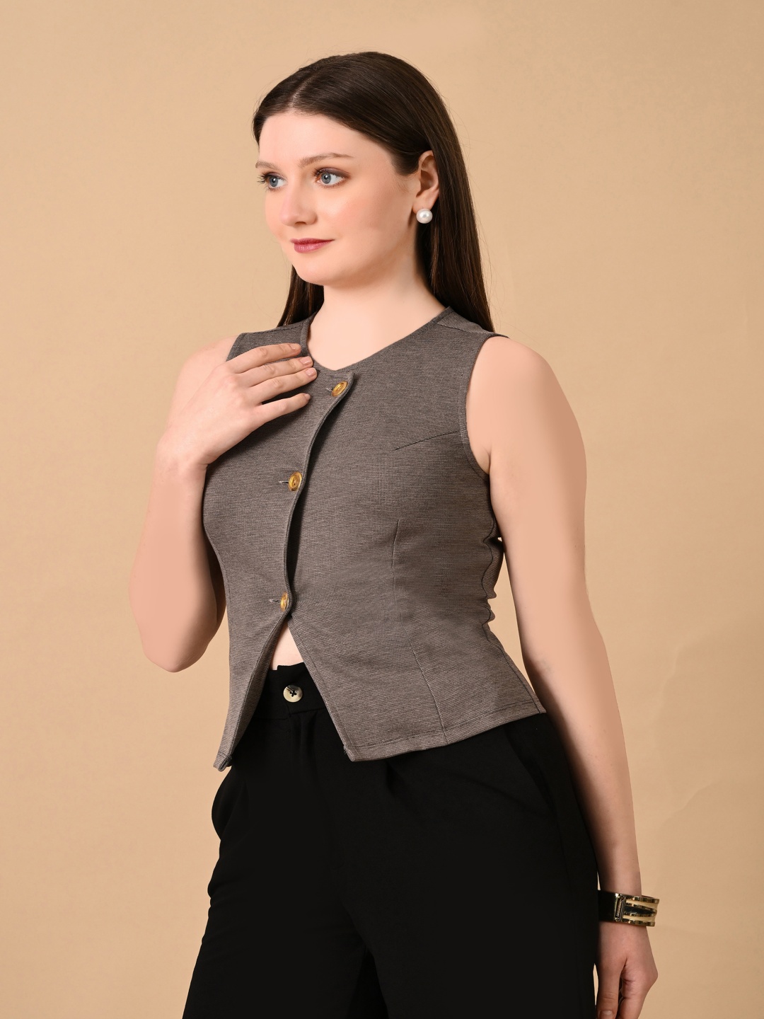 

PANDORNA Solid Grey Rayon Regular Jacket Top With Button Clouser